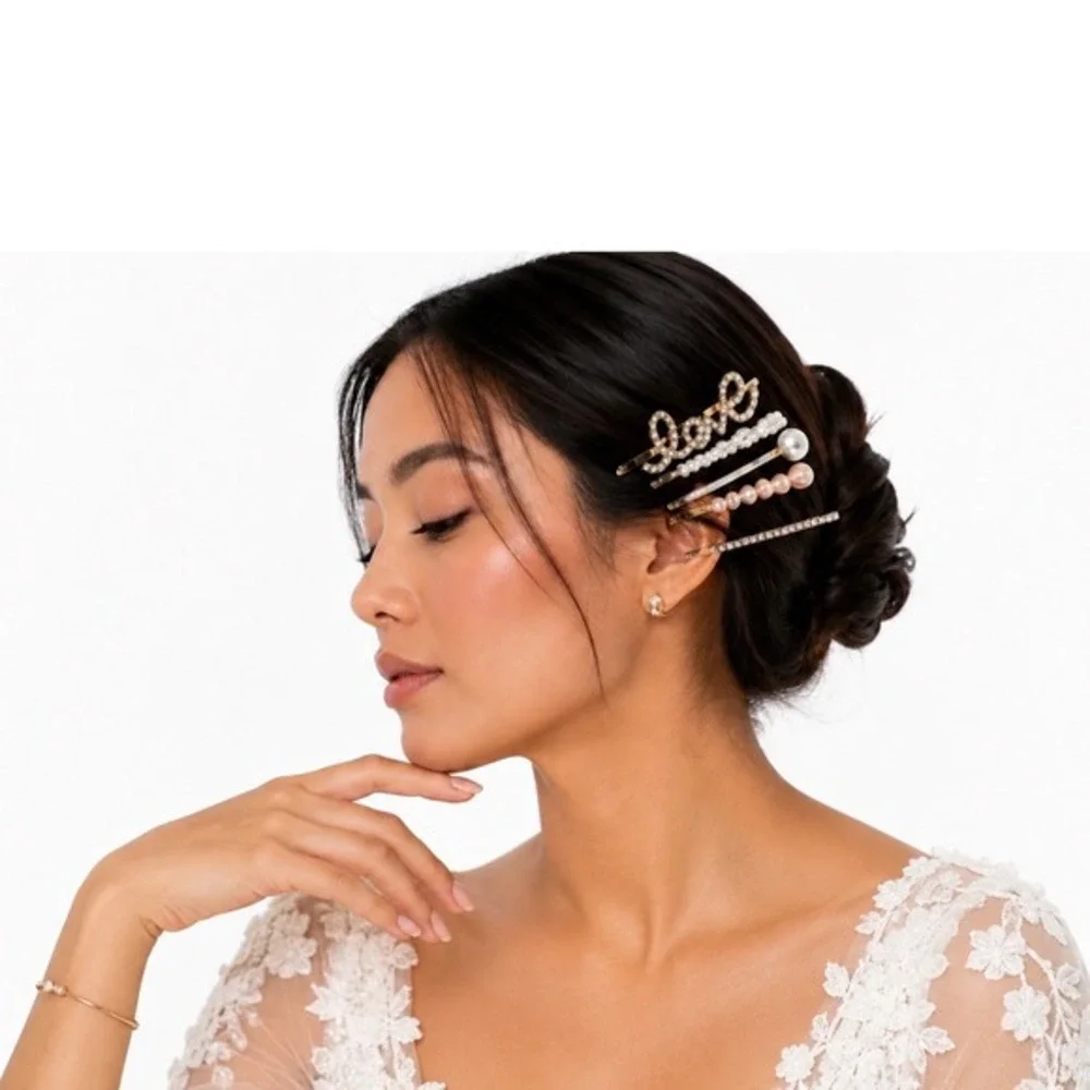 H&M Gold Tone Hair Clip Set 5pc Love Rhinestone Faux Pearl Bobby Pins New‎ J-01